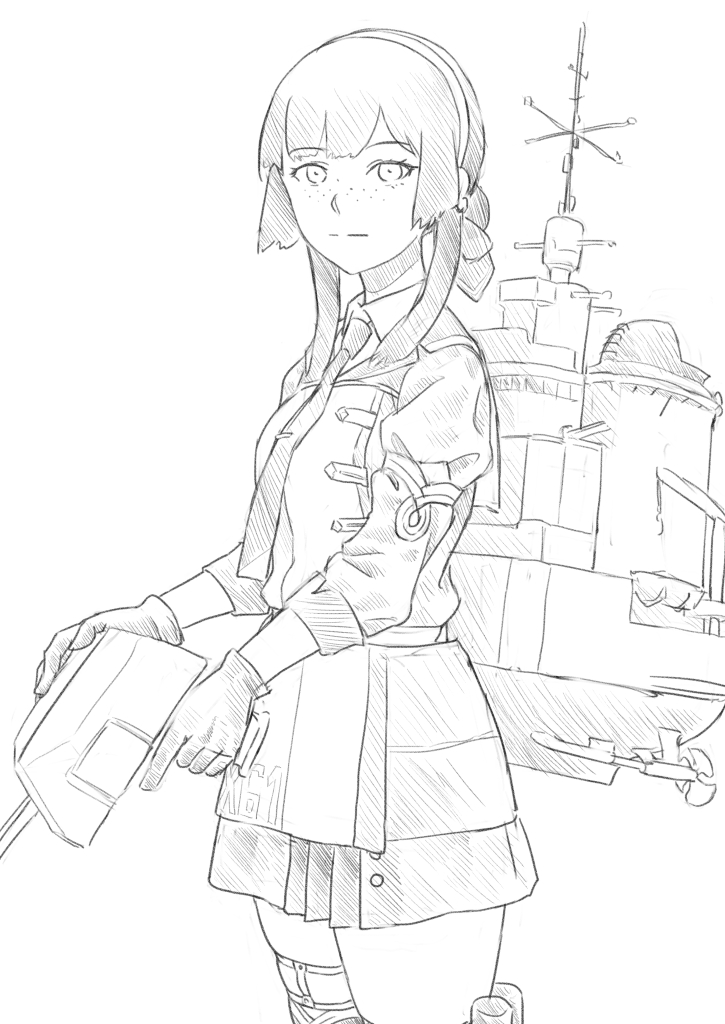 1girl adapted_turret blunt_sidelocks commentary_request freckles greyscale hair_bun hair_ribbon hairband kantai_collection lineart long_hair looking_at_viewer machinery military_uniform mogador_(kancolle) monochrome neckerchief pleated_skirt ribbon sidelocks skirt solo standing taruya