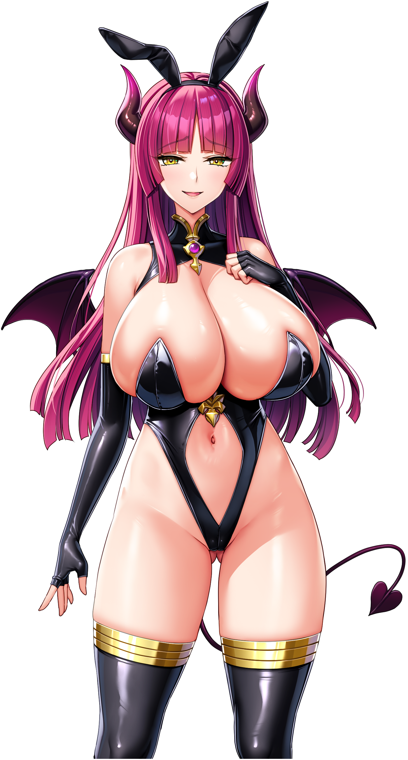 1girl absurdres agnesia_fo_rusalka animal_ear_hairband animal_ears arm_at_side arm_up black_gloves black_hairband black_horns black_leotard black_tail black_thighhighs blunt_bangs breasts cleavage cleavage_cutout clothing_cutout demon_girl demon_horns demon_tail demon_wings derauea elbow_gloves fake_animal_ears fingerless_gloves game_cg gloves gluteal_fold hairband hand_on_own_chest highres hime_cut horns huge_breasts leotard light_blush long_hair long_sidelocks looking_at_viewer mature_female motto!_haramase!_honoo_no_oppai_isekai_oppai_bunny_gakuen! multicolored_horns navel_cutout non-web_source nontraditional_playboy_bunny open_mouth pink_hair pink_horns rabbit_ear_hairband rabbit_ears sidelocks skindentation smile solo star_(symbol) star_in_eye symbol_in_eye tachi-e tail thighhighs transparent_background wings yellow_eyes
