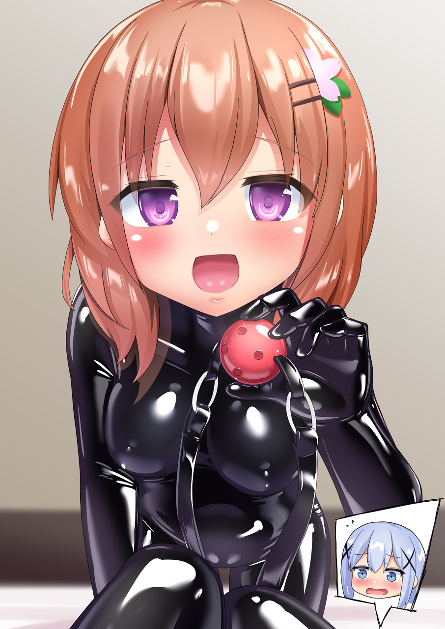 2girls :d ball_gag black_bodysuit blue_eyes blue_hair bodysuit brown_hair commentary_request gag gochuumon_wa_usagi_desu_ka? hair_ornament hairclip highres holding_gag hoto_cocoa kafuu_chino latex latex_bodysuit multiple_girls naka_(cheeseyeast) open_mouth pov purple_eyes shiny_clothes shiny_skin skin_tight smile spoken_character wiffle_gag