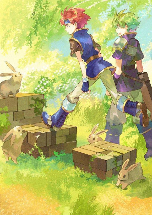 2boys animal boots fingerless_gloves fire_emblem fire_emblem:_the_binding_blade gloves grass green_hair headband male_focus multiple_boys nintendo noki_(affabile) pastel_(medium) rabbit red_hair roy_(fire_emblem) smile traditional_media tree walking wolt_(fire_emblem)