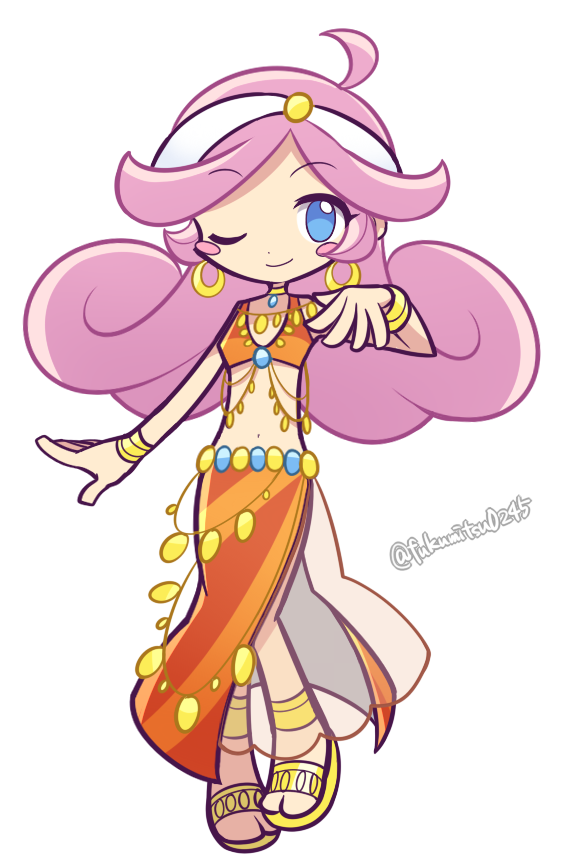 1girl blue_eyes blush_stickers bracelet earrings fukumitsu_(kirarirorustar) gypsy hoop_earrings jewelry long_hair midriff navel official_style one_eye_closed orange_shirt orange_skirt pink_hair puyopuyo puyopuyo_fever raffina_(puyopuyo) sandals shirt simple_background skirt solo white_background