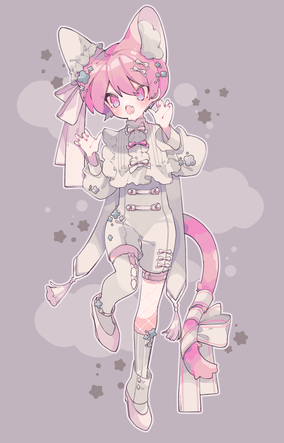 1boy animal_ear_fluff animal_ears asymmetrical_legwear blush bow bright_pupils cat_boy cat_ears cat_tail claw_pose commentary dated_commentary double-parted_bangs ear_covers eyes_visible_through_hair fang fishnet_thighhighs fishnets full_body grey_background hair_bow hair_ribbon highres kneehighs leg_up long_sleeves male_focus open_mouth original outline ozureiji pink_eyes pink_hair pink_nails pink_shoes puffy_long_sleeves puffy_sleeves ribbon shoes short_hair single_ear_cover skin_fang socks solo star_(symbol) symbol-only_commentary tail tail_ornament tail_ribbon tassel thighhighs tsurime white_bow white_outline white_pupils white_ribbon white_romper white_socks white_thighhighs
