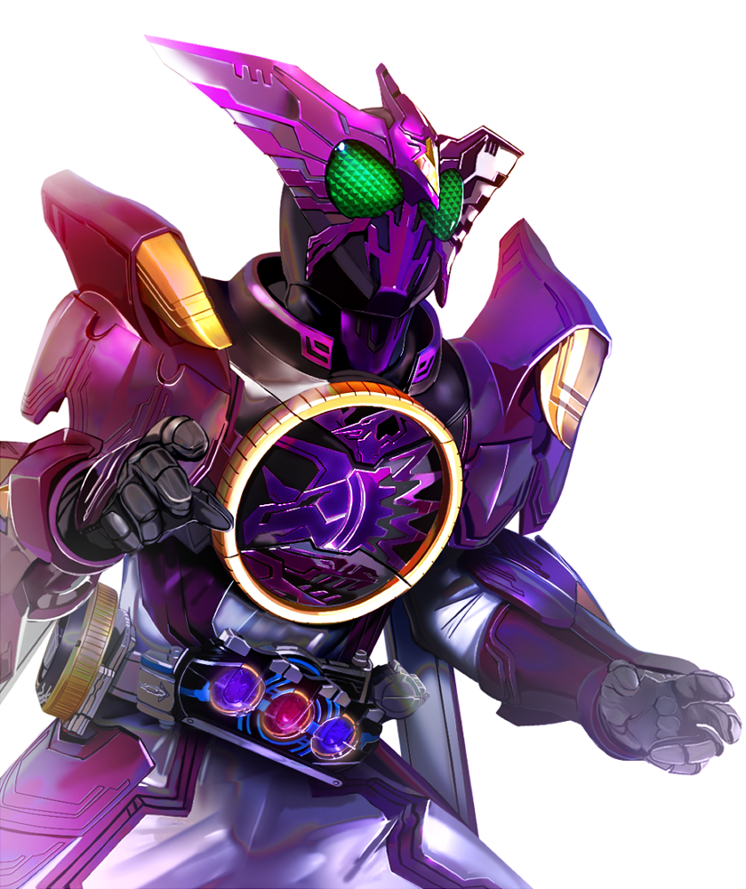 1boy armor belt bodysuit compound_eyes core_medal green_eyes helmet kamen_rider kamen_rider_ooo kamen_rider_ooo_(series) male_focus masukudo_(hamamoto_hikaru) o_medal purple_armor putotyra_(ooo_combo) rider_belt solo tokusatsu white_bodysuit