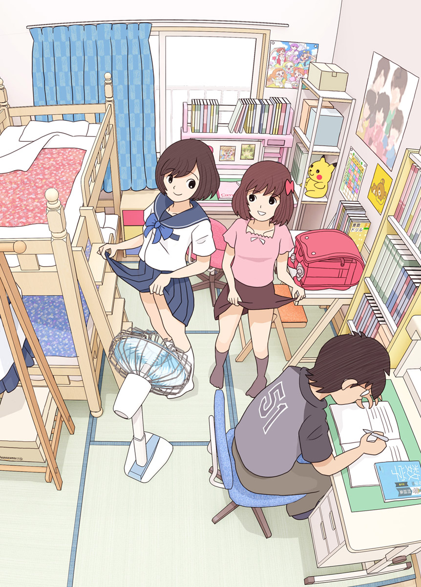 1boy 2girls bed brother_and_sister bunk_bed clothes_lift electric_fan highres kiyo_(kyokyo1220) lifting_own_clothes multiple_girls original school_uniform serafuku siblings skirt skirt_lift