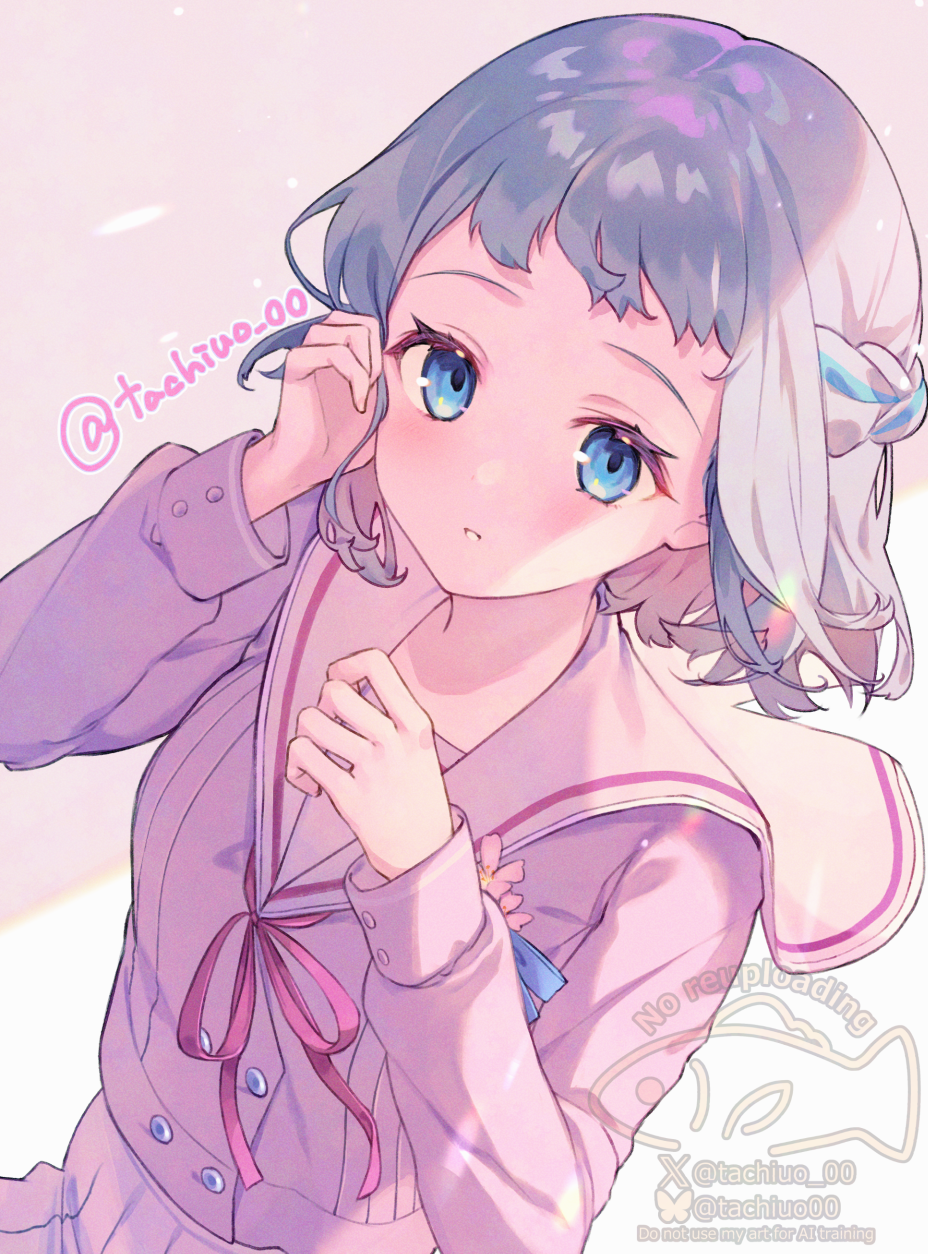 1girl :o blue_eyes blue_ribbon blush braid dutch_angle gakuen_idolmaster grey_hair hair_ribbon half_up_braid highres idolmaster katsuragi_lilja long_sleeves looking_at_viewer miyanome neck_ribbon official_alternate_costume pink_ribbon pink_serafuku ribbon ribbon_braid sakura_photograph_(idolmaster) school_uniform serafuku short_hair solo twitter_username upper_body watermark