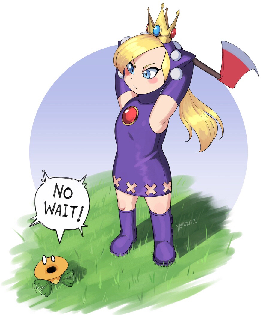 1girl axe blonde_hair blue_eyes blush_stickers boots crown dress english_text full_body grass holding holding_axe mario_(series) mario_power_tennis mario_tennis nintendo purple_footwear signature sleeveless sleeveless_dress standing super_mario_bros._wonder talking_flower_(mario) v-shaped_eyebrows warupeach yamouri