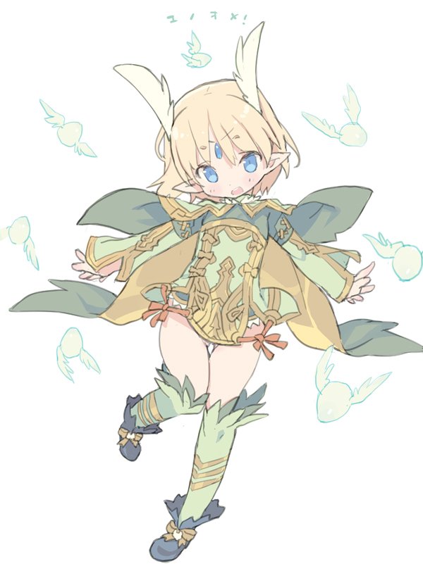 1girl blade_(galaxist) blonde_hair blue_eyes blush cape commentary_request dress female_focus full_body gem green_cape green_dress green_thighhighs head_wings juno_bernal long_sleeves looking_at_viewer pointy_ears pop-up_story purple_shoes shoes short_hair solo standing standing_on_one_leg thighhighs white_background wings