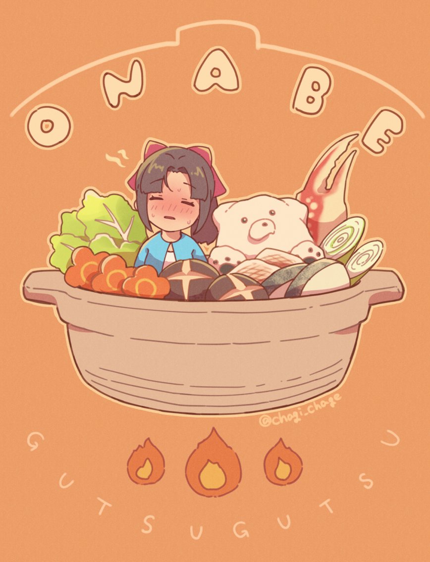 1girl arms_at_sides artist_name bear birthday black_hair blue_jacket bow cabbage carrot chagi_chage chibi chopped_spring_onion closed_eyes commentary_request cooking cooking_pot crab_claw dress english_text fire food heat_lines hot idolmaster idolmaster_cinderella_girls idolmaster_cinderella_girls_starlight_stage in_pot jacket long_sleeves mizuno_midori mushroom nabe no_nose open_mouth orange_background parted_bangs ponytail shiitake sidelocks simple_background solo spring_onion sweat twitter_username white_dress