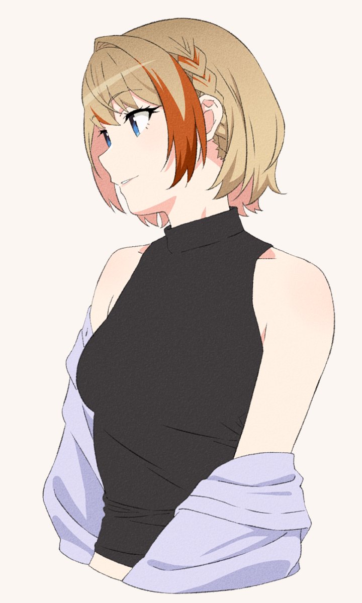 1girl akitetsu black_shirt blue_eyes braid breasts cropped_torso grey_background grey_shirt highres light_brown_hair looking_afar medium_breasts multicolored_hair nanashi_inc. official_alternate_costume orange_hair shirt shirt_partially_removed short_hair simple_background sleeveless sleeveless_shirt solo touri_sei touri_sei_(2nd_costume) turtleneck turtleneck_shirt two-tone_hair upper_body virtual_youtuber