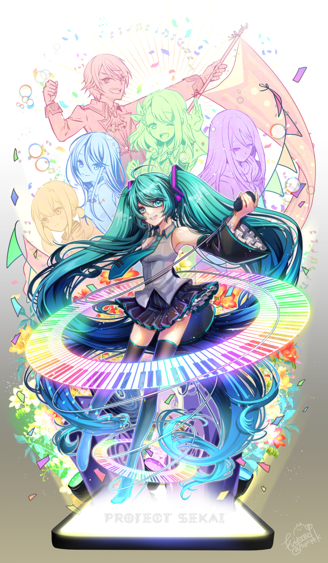 1boy 5girls aqua_eyes aqua_hair aqua_necktie aqua_trim ascot azusawa_kohane banner black_boots black_skirt black_sleeves boots bunting cellphone commentary_request confetti copyright_name detached_sleeves eighth_note floating_clothes floating_hair flower glowing gradient_background grey_background grey_shirt grin hanasato_minori hatsune_miku highres holding holding_microphone hoshino_ichika_(project_sekai) long_hair looking_at_viewer microphone multiple_girls musical_note necktie one_eye_closed open_mouth phone piano_keys pleated_skirt project_sekai red_flower shirt skirt sleeveless sleeveless_shirt smile tenma_tsukasa thigh_boots thighhighs tiprip_kk twintails very_long_hair vocaloid white_background white_trim yellow_flower yoisaki_kanade zettai_ryouiki
