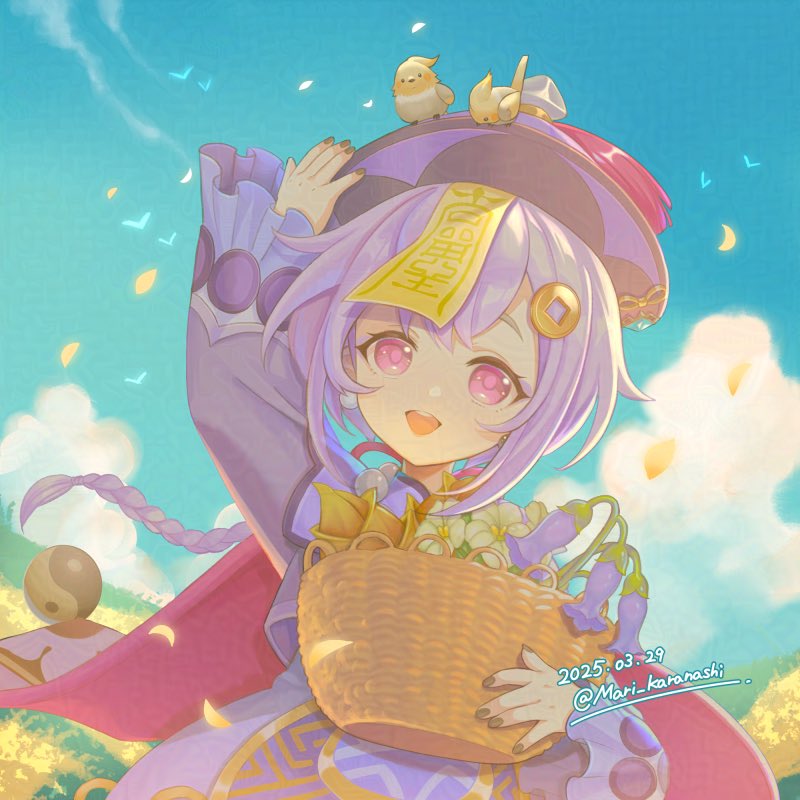 1girl adversarial_noise animal animal_on_head arm_up bamboo_shoot basket bird bird_on_head black_nails commentary_request dated day fingernails flower genshin_impact hat holding holding_basket karanashi_mari long_hair long_sleeves looking_at_viewer nail_polish ofuda ofuda_on_head on_head open_mouth outdoors purple_eyes purple_flower purple_hair purple_hat qingdai_guanmao qingxin_flower qiqi_(genshin_impact) solo teeth twitter_username upper_teeth_only very_long_hair violetgrass white_flower yellow_bird