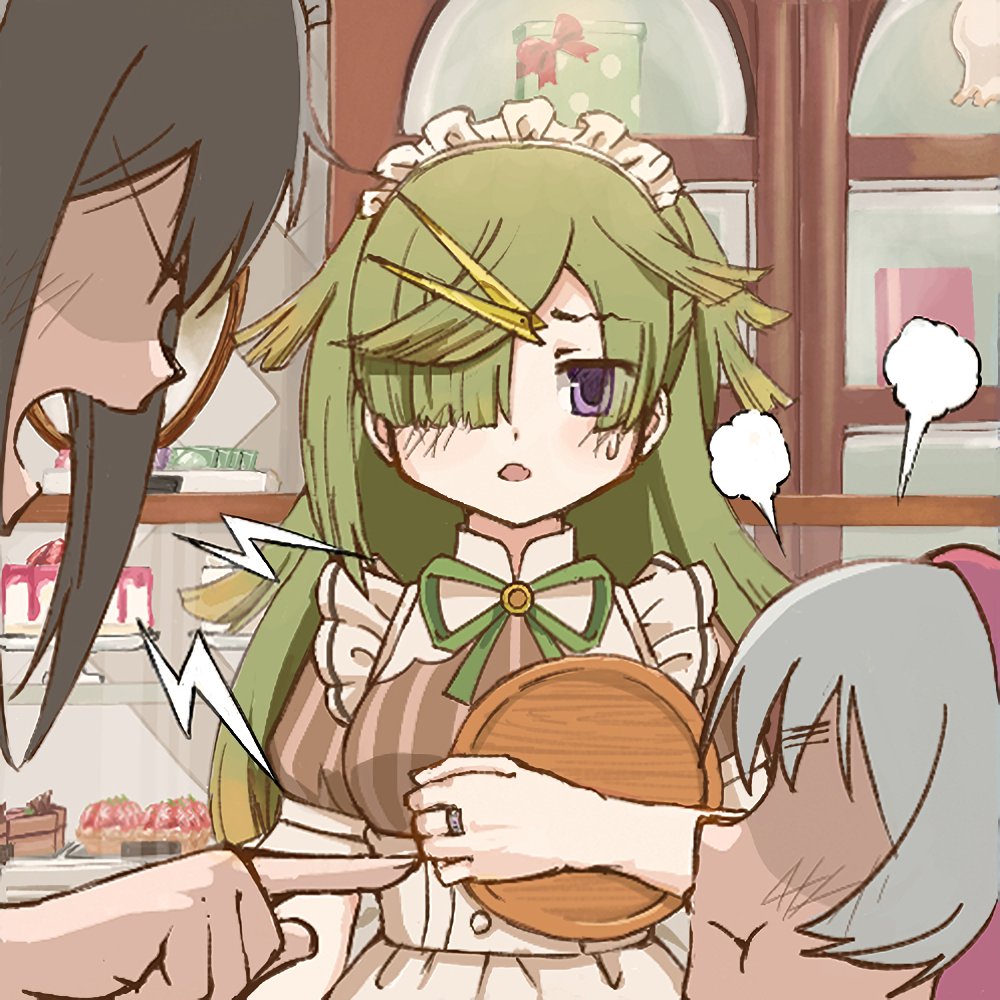 3girls akemi_homura aki_mabayu black_hair cake display food green_hair kishimen_hair looking_at_another magia_record:_mahou_shoujo_madoka_magica_gaiden mahou_shoujo_madoka_magica mahou_shoujo_madoka_magica:_hangyaku_no_monogatari maid_headdress momoe_nagisa monznyan multiple_girls one_eye_covered recompense_maid_uniform scissors_hair_ornament white_hair