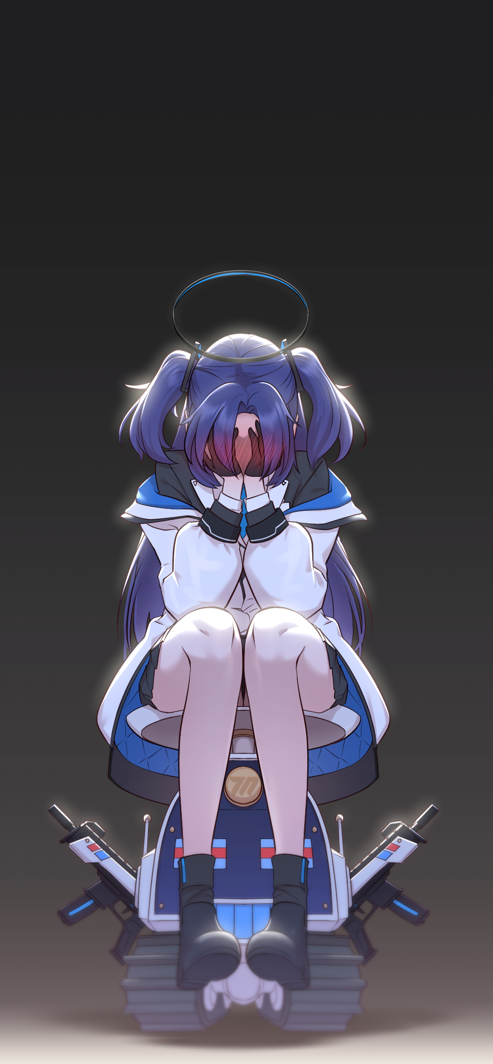 1girl bare_legs black_gloves black_shoes black_skirt blue_archive blush commentary_request covering_face embarrassed full_body gloves gun halo highres jacket jacket_partially_removed long_hair long_sleeves partial_commentary purple_hair red_machine shoes sig_mpx sitting skirt solo submachine_gun two-sided_fabric two-sided_jacket two_side_up very_long_hair weapon white_jacket yuuka_(blue_archive)