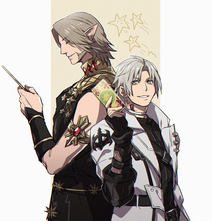 2boys armlet astrologian_(final_fantasy) back-to-back belt black_gloves black_robe card choker closed_eyes coat cowboy_shot detached_sleeves elezen elf final_fantasy final_fantasy_xiv fingerless_gloves gloves grey_eyes grey_hair hand_up holding holding_card hyur jewelry looking_at_another looking_to_the_side male_focus multiple_boys neck_tattoo open_clothes open_coat parted_lips pointy_ears robe short_hair sideburns simple_background sleeveless smile tattoo thancred_waters urianger_augurelt white_background white_choker white_coat white_hair yellow_background yomo_(ym)