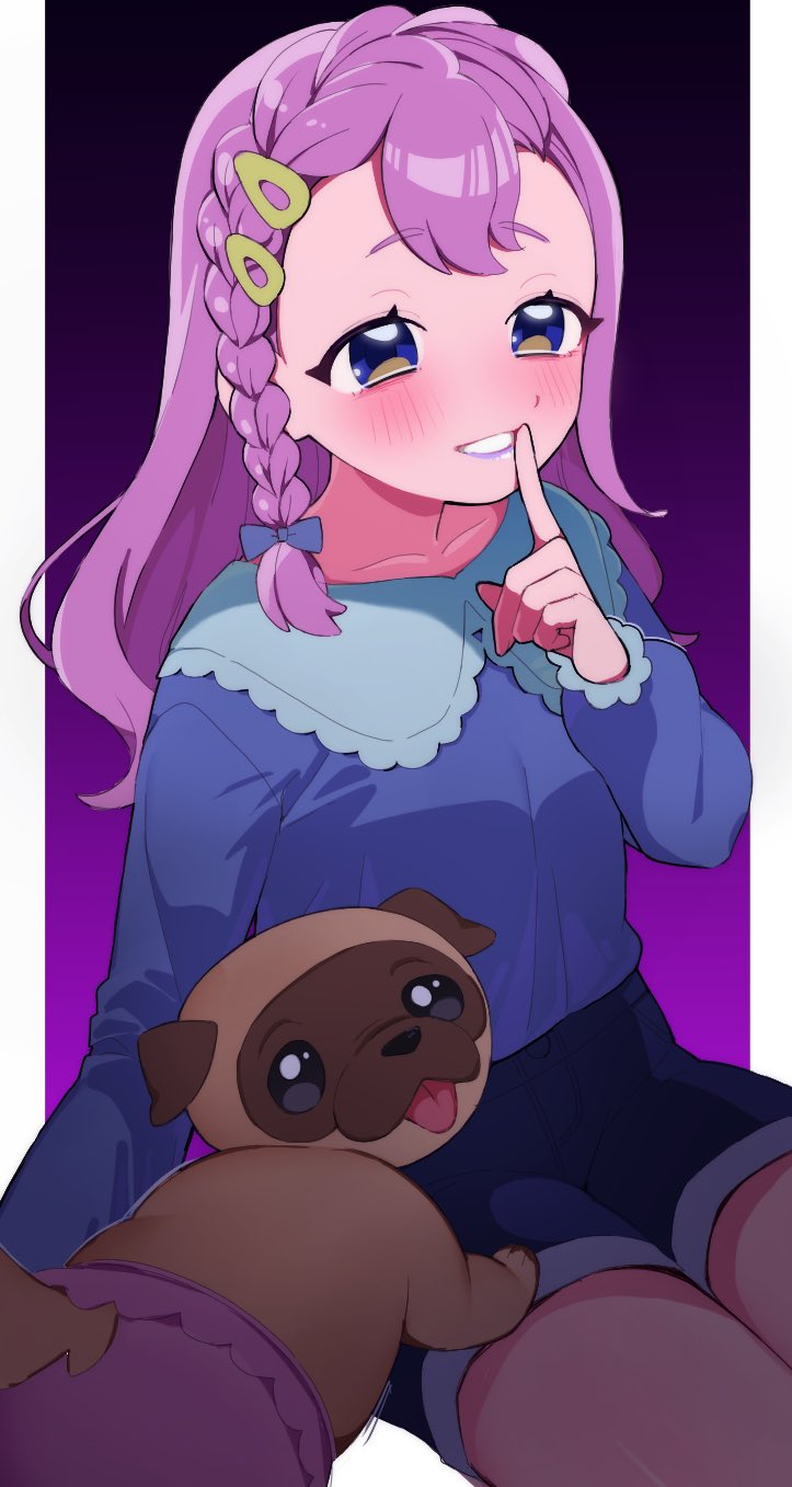 1girl aozora_hiiro blue_bow blue_eyes blue_shirt blue_shorts blush border bow braid dark_background denim denim_shorts dog dot_nose finger_to_mouth frilled_shirt frilled_sleeves frills fuku-chan_(aipri) gradient_background hair_bow hair_ornament hairclip hand_up highres himitsu_no_aipri index_finger_raised legs_together long_hair long_sleeves looking_at_viewer michi_no_ji parted_lips pink_hair pretty_series purple_background shirt shorts shushing sitting solo teeth tongue tongue_out white_border
