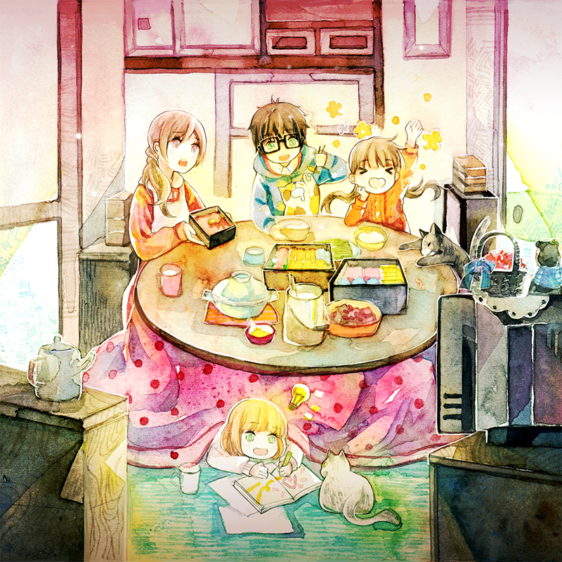 &gt;_&lt; 1boy 3girls :d :o apron basket black_cat bowl brown_hair cat chopsticks cup food glasses green_eyes indoors kawamoto_akari kawamoto_hinata kawamoto_momo kiriyama_rei kotatsu light_brown_hair light_bulb long_hair multiple_girls open_mouth purple_eyes rice rue_(wyha666) sangatsu_no_lion siblings sisters slice_of_life smile table tea_kettle television twintails white_cat
