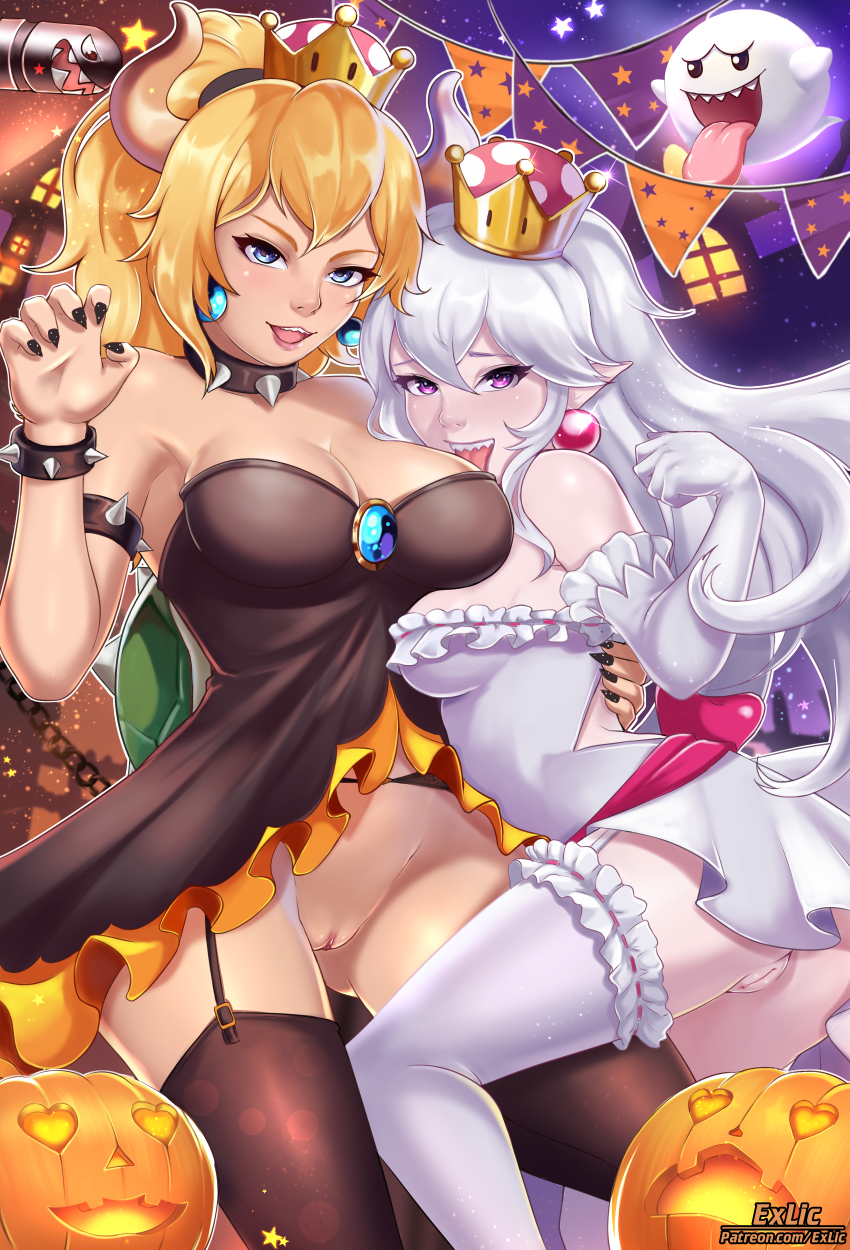 2019 2girls arm_around_waist artist_logo artist_name ass banzai_bill blonde_hair blue_eyes blush boo_(mario) bowsette bracelet breast_press breasts cleavage collar crown dress earrings exlic garter_belt gem hair_between_eyes halloween highres horns jack-o&#039;-lantern jewelry large_breasts leg_between_thighs licking licking_breast logo long_hair looking_at_viewer luigi&#039;s_mansion mario_(series) multiple_girls new_super_mario_bros._u_deluxe night night_sky nintendo no_bra no_panties open_mouth outdoors pale_skin patreon_username pink_eyes pointy_ears ponytail princess_king_boo public_indecency pumpkin pussy queen sharp_teeth sky small_breasts smile sphere_earrings spiked_bracelet spiked_collar spikes standing star_(symbol) super_crown teeth thighhighs tongue tongue_out uncensored variant_set voyeurism watching watermark web_address white_hair yuri