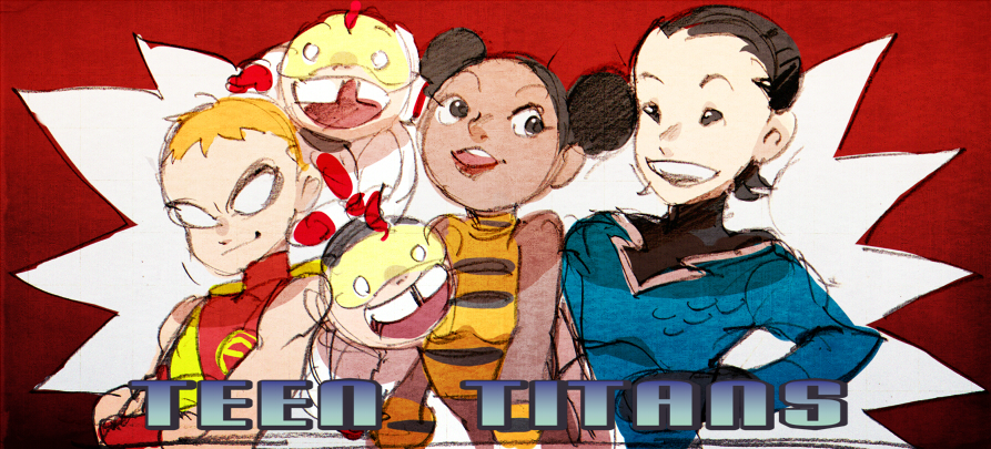 1girl aqua_lad black_hair brothers bumble_bee cartoon_network dark_skin dc_comics double_bun garth gradient_background hair_bun karen_beecher mas_(dc) mask menos_(dc) multiple_boys orange_hair roy_harper siblings speedy teen_titans tetu twins
