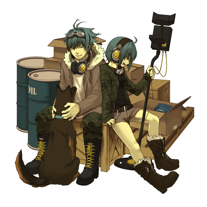 1boy 1girl bad_id bad_pixiv_id blue_hair boots box dog goggles goggles_around_neck headphones kondou_(dioptrie) minesweeper on_box original personification red_eyes short_hair shorts sitting sitting_on_box