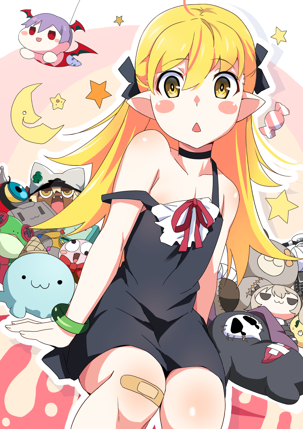 1girl adventure_time bad_id bad_pixiv_id bandaid bandaid_on_knee bandaid_on_leg black_dress blonde_hair blush_stickers bmo character_doll choker copyright_request dress gesugesu_ahoaho guilty_gear hair_between_eyes highres lilith_(darkstalkers) long_hair looking_at_viewer monogatari_(series) open_mouth oshino_shinobu pointy_ears rabite_(seiken_densetsu) ramlethal_valentine seiken_densetsu sitting sleeveless sleeveless_dress solo strap_slip triangle_mouth darkstalkers yellow_eyes