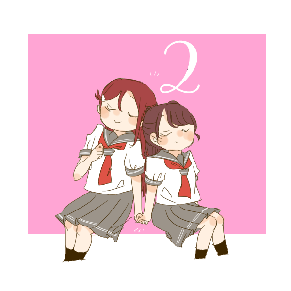 2girls aida_rikako animification black_socks blush border closed_eyes closed_mouth commentary countdown grey_sailor_collar grey_skirt hair_ornament hairclip half_updo holding_hands invisible_chair kase_(ks_lys) love_live! love_live!_sunshine!! medium_skirt multiple_girls notice_lines pink_background pleated_skirt real_life red_hair sailor_collar sakurauchi_riko school_uniform serafuku shirt short_sleeves simple_background sitting skirt smile socks summer_uniform tie_clip u_u uranohoshi_school_uniform voice_actor voice_actor_connection white_border white_shirt
