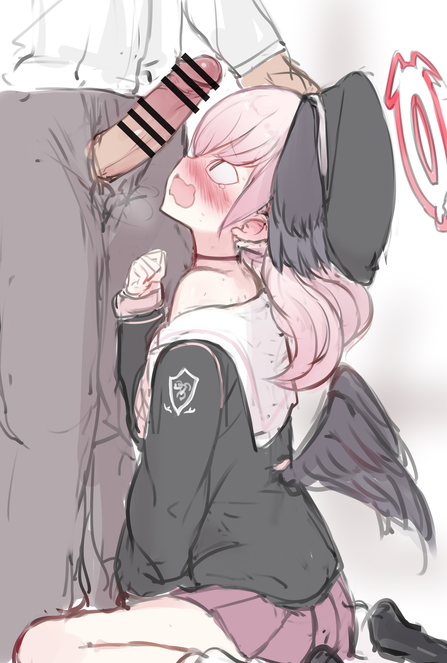 1boy 1girl bad_id bad_twitter_id bar_censor beret black_headwear black_wings blue_archive censored feathered_wings grey_wings gulp5959 halo hand_on_another&#039;s_head hat head_wings hetero highres koharu_(blue_archive) low_twintails low_wings medium_hair penis penis_awe pink_eyes pink_hair pink_neckwear sailor_collar slit_pupils twintails white_sailor_collar winged_hat wings