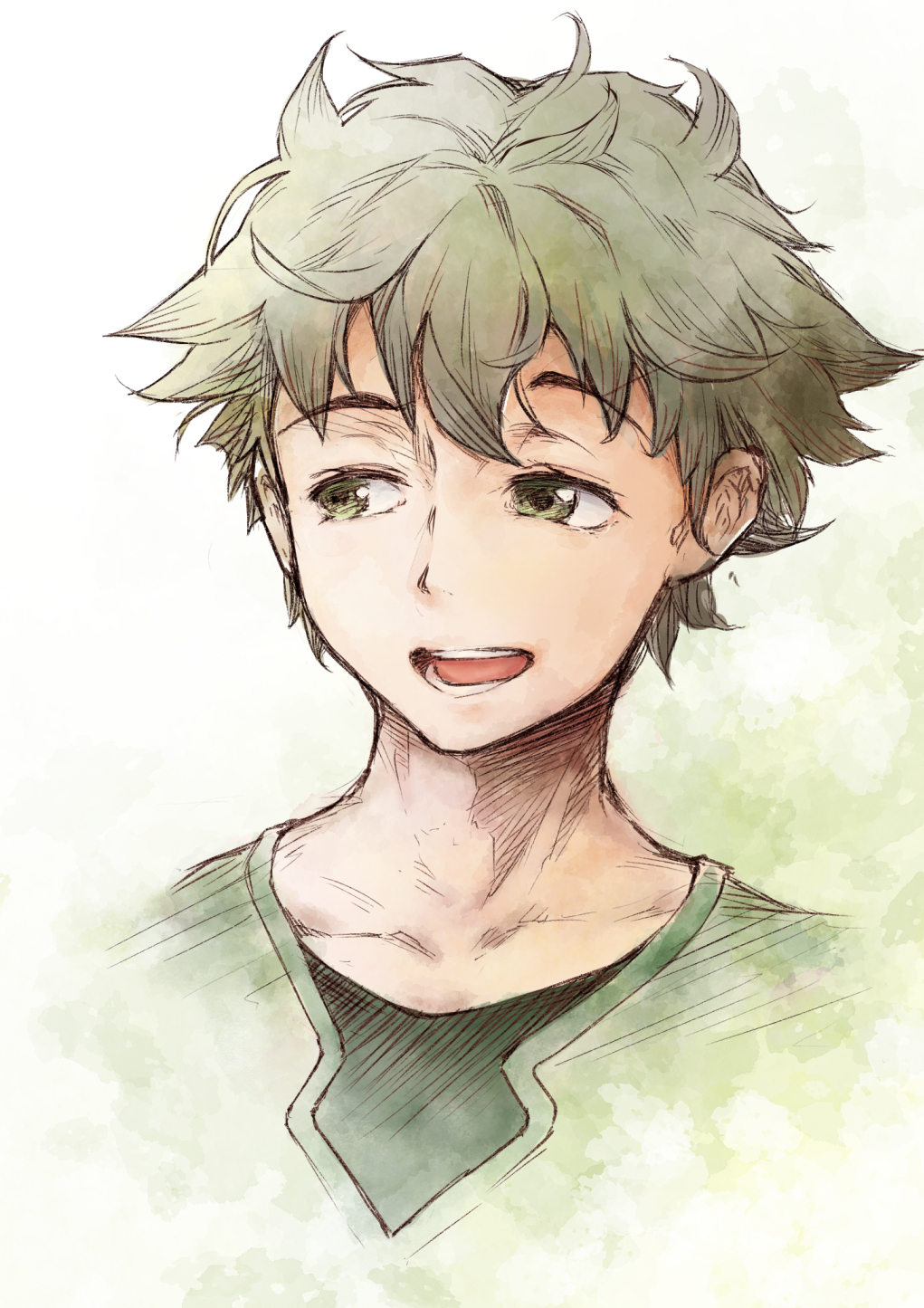 1boy cluseller collarbone green_eyes green_hair green_shirt half-closed_eyes happy highres kemurikusa looking_to_the_side male_focus open_mouth raised_eyebrow shirt short_hair simple_background smile solo teeth tongue undershirt upper_body wakaba_(kemurikusa) white_background