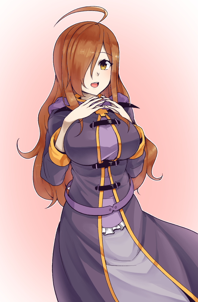 1girl ahoge ajidot breasts brown_hair cowboy_shot female_focus hair_over_one_eye hands_on_own_chest kono_subarashii_sekai_ni_shukufuku_wo! large_breasts long_hair looking_at_viewer open_mouth pink_background robe simple_background smile solo wiz_(konosuba) yellow_eyes