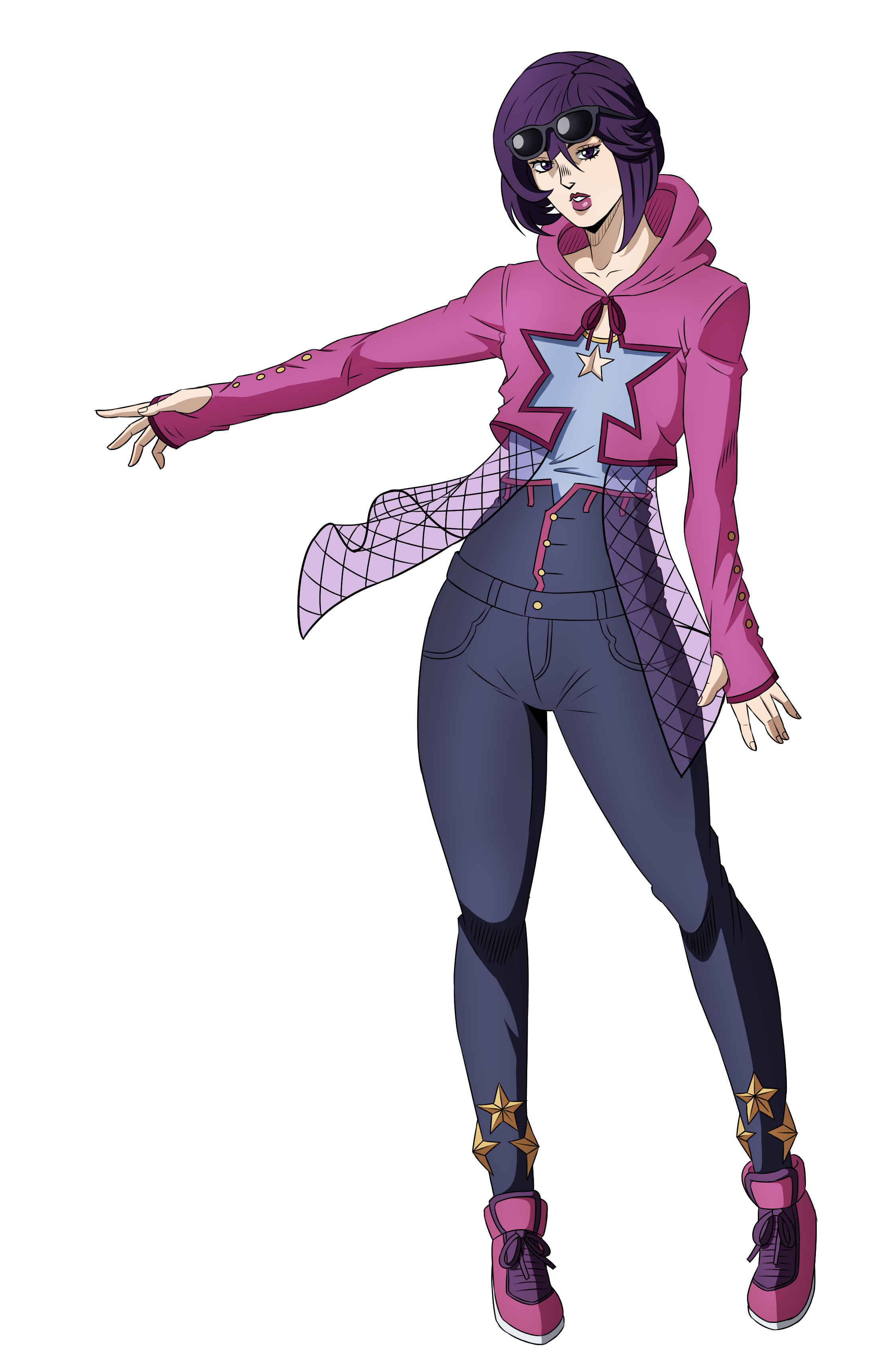 1girl absurdres aged_up blue_shirt denim diamond_wa_kudakenai drawstring eyewear_on_head hair_between_eyes high-waist_pants highres hood hood_down hoodie jacket jeans jojo_no_kimyou_na_bouken long_sleeves looking_at_viewer open_clothes open_hoodie open_mouth pale_skin pants pink_hoodie pink_lips pink_shoes purple_eyes purple_hair shirt shizuka_joestar shoes short_hair simple_background sleeves_past_wrists sneakers solo star-shaped_clothes star_(symbol) sunglasses transparent_background