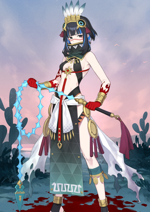 1girl aztec bare_shoulders black_eyes black_hair blood blood_on_hands blood_splatter blue_hair blunt_bangs bracelet breasts breasts_apart clothing_request colored_inner_hair covered_mouth facial_tattoo fate/grand_order fate_(series) feet_out_of_frame game_cg gold_anklet gold_bracelet hands_up headdress holding holding_whip jewelry legs_apart looking_at_viewer medium_breasts multicolored_hair official_art pelvic_curtain revealing_clothes saitou_hiroki sandals short_hair sideboob sidelocks solo standing stomach tattoo tenochtitlan_(fate) tenochtitlan_(first_ascension)_(fate) third-party_source two-tone_hair variant_set