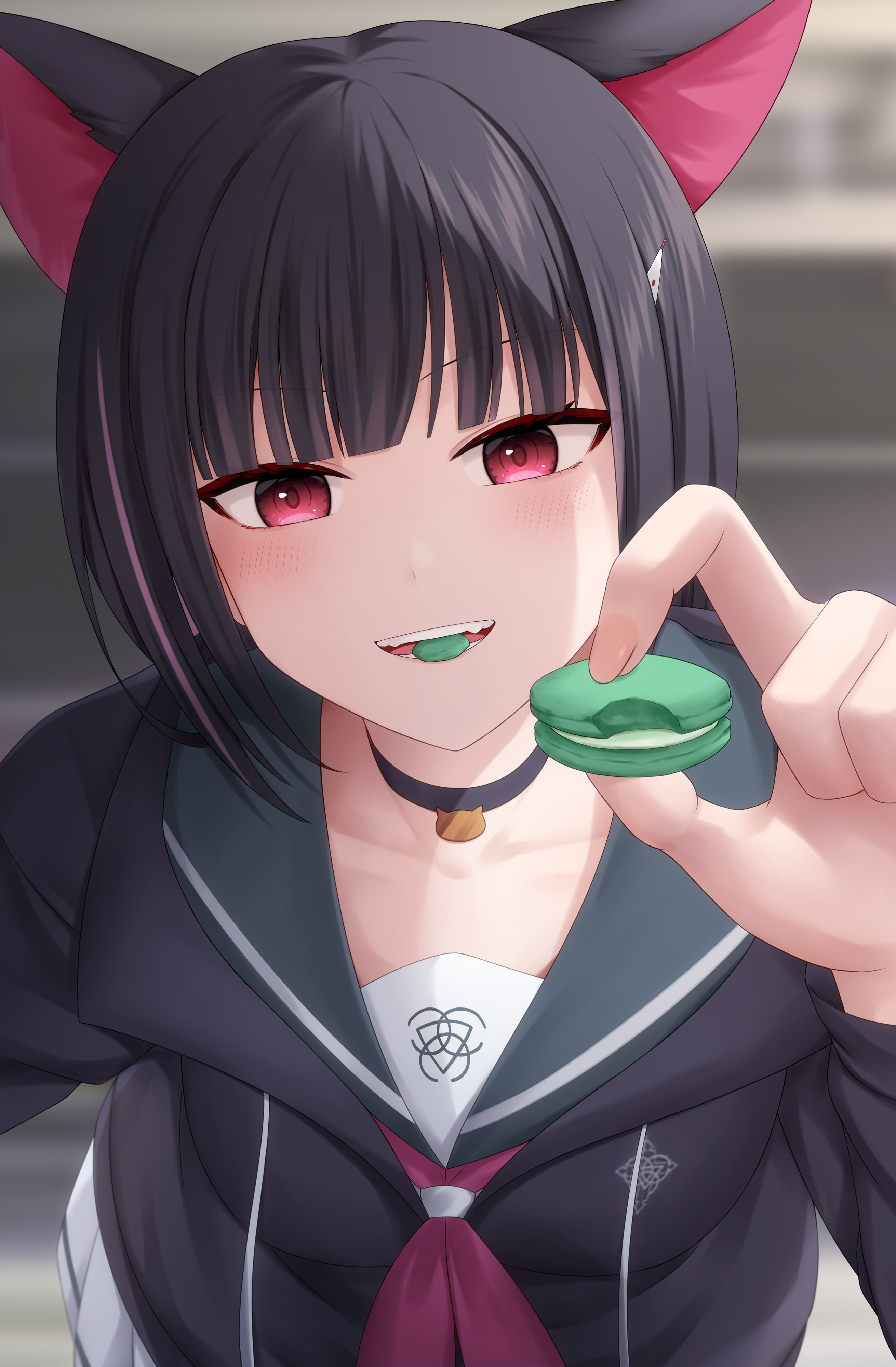 1girl absurdres animal_ears black_choker black_hair black_jacket blue_archive blush cat_ears chien_zero choker colored_inner_hair food hair_ornament hairclip highres holding holding_food hood hood_down hooded_jacket jacket kazusa_(blue_archive) long_sleeves looking_at_viewer macaron multicolored_hair open_mouth pink_hair pleated_skirt red_eyes revision short_hair skirt smile solo white_skirt