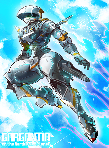 chamber_(suisei_no_gargantia) copyright_name flying from_side green_eyes leg_up looking_up mecha miyako_nagi no_humans open_hands robot solo suisei_no_gargantia