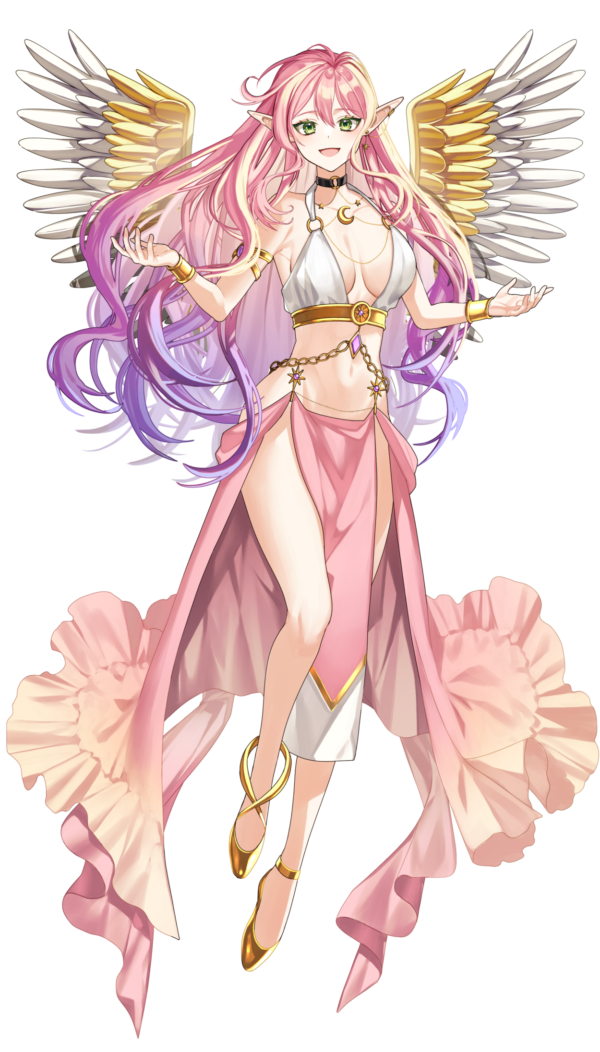 1girl :d black_choker bond_en bondlive breasts choker crescent floating full_body gradient_hair green_eyes hair_between_eyes large_breasts long_hair looking_at_viewer multicolored_hair navel official_art open_mouth pink_hair pointy_ears purple_hair seraphina_stellium shoes simple_background smile solo stomach tachi-e tongue transparent_background virtual_youtuber wings yellow_shoes