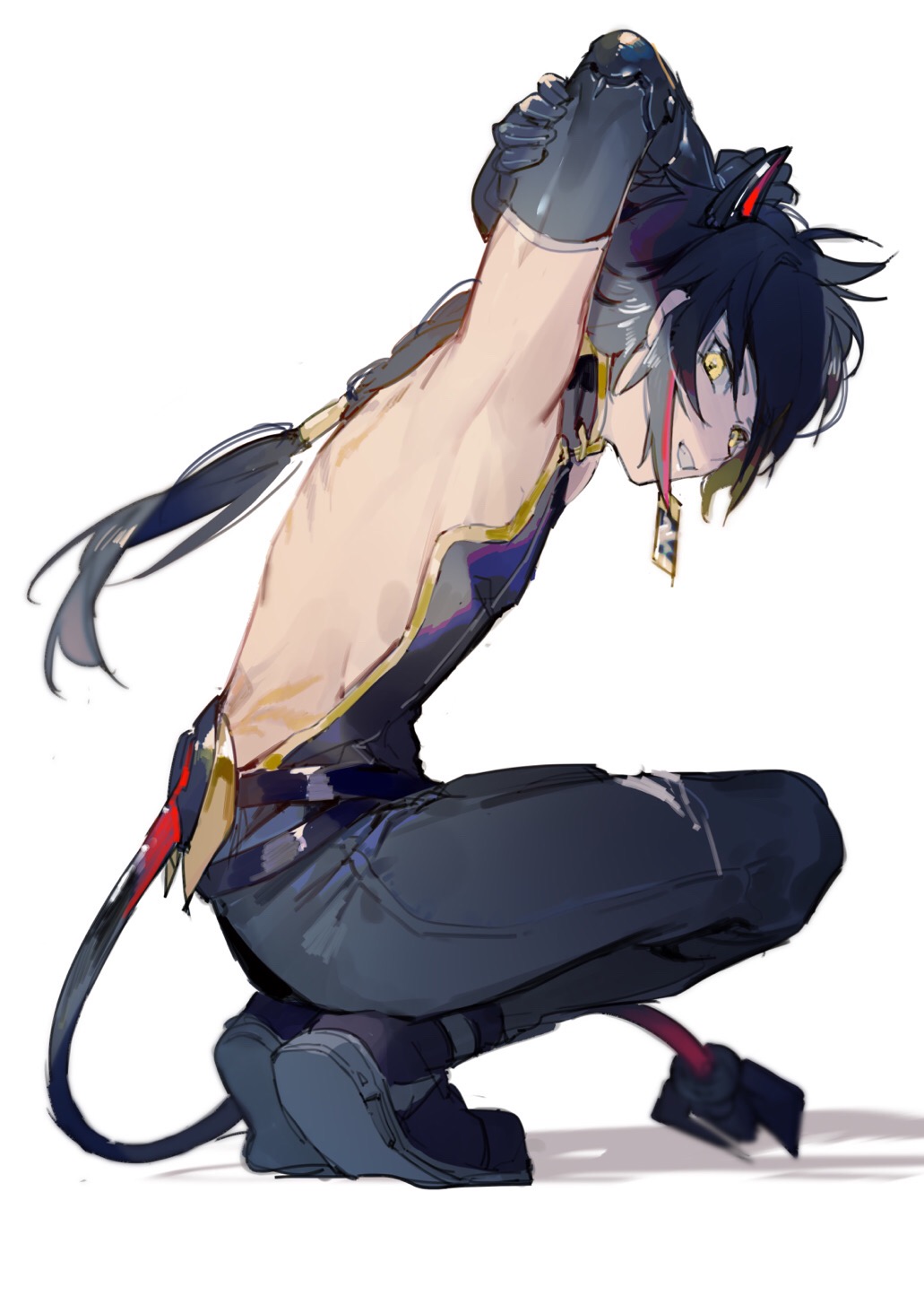 1boy animal_ears armpits arms_behind_head arms_up black_gloves black_hair black_pants bokyo braid braided_ponytail character_request demon_horns elbow_gloves from_side full_body gloves hair_tie highres horns long_hair looking_at_viewer low_ponytail male_focus mechanical_tail multicolored_hair pants ponytail punishing:_gray_raven simple_background single_braid sleeveless solo squatting tail tattoo torn_clothes white_background yellow_eyes
