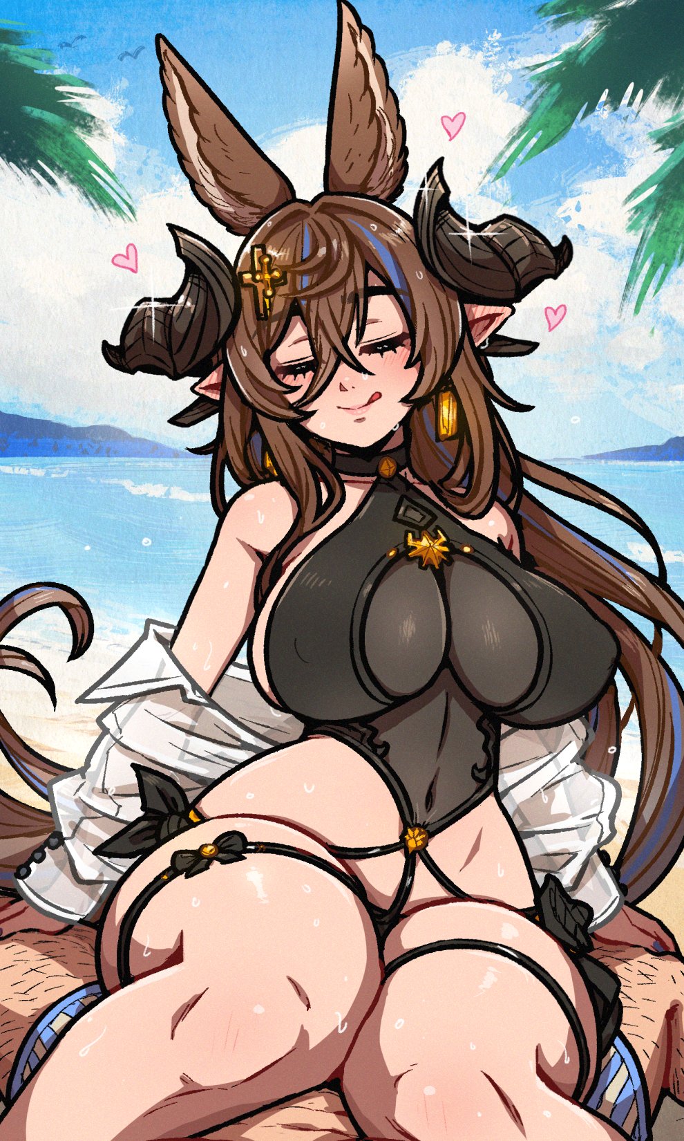 1boy 1girl akairiot animal_ears bare_shoulders bikini black_bikini blue_hair blue_shorts blush breasts brown_hair choker cleavage closed_eyes covered_navel earrings extra_ears fox_ears galleon_(granblue_fantasy) galleon_(summer)_(granblue_fantasy) granblue_fantasy hair_between_eyes hair_ornament highres horns jewelry long_hair long_hair_between_eyes multicolored_hair pointy_ears see-through_cleavage see-through_clothes shirt shorts sitting sitting_on_person smile streaked_hair swimsuit thick_thighs thigh_strap thighs tongue tongue_out very_long_hair white_shirt