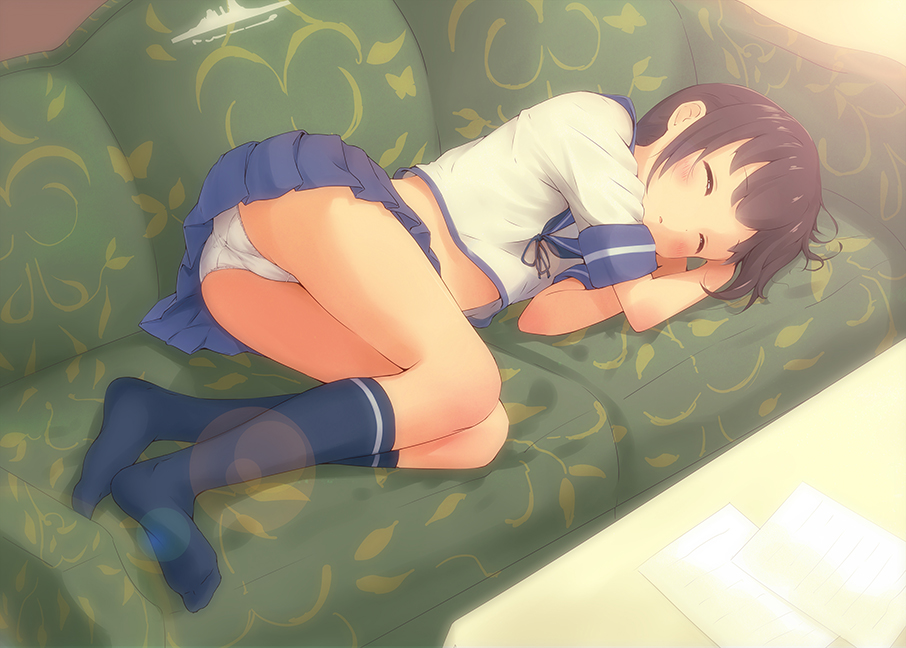 10s 1girl ass couch female_focus floral_print fubuki_(kancolle) green_upholstery kantai_collection lying on_side panties pantyshot patterned_upholstery school_uniform serafuku skirt sleeping solo suke_(momijigari) trefoil underwear white_panties