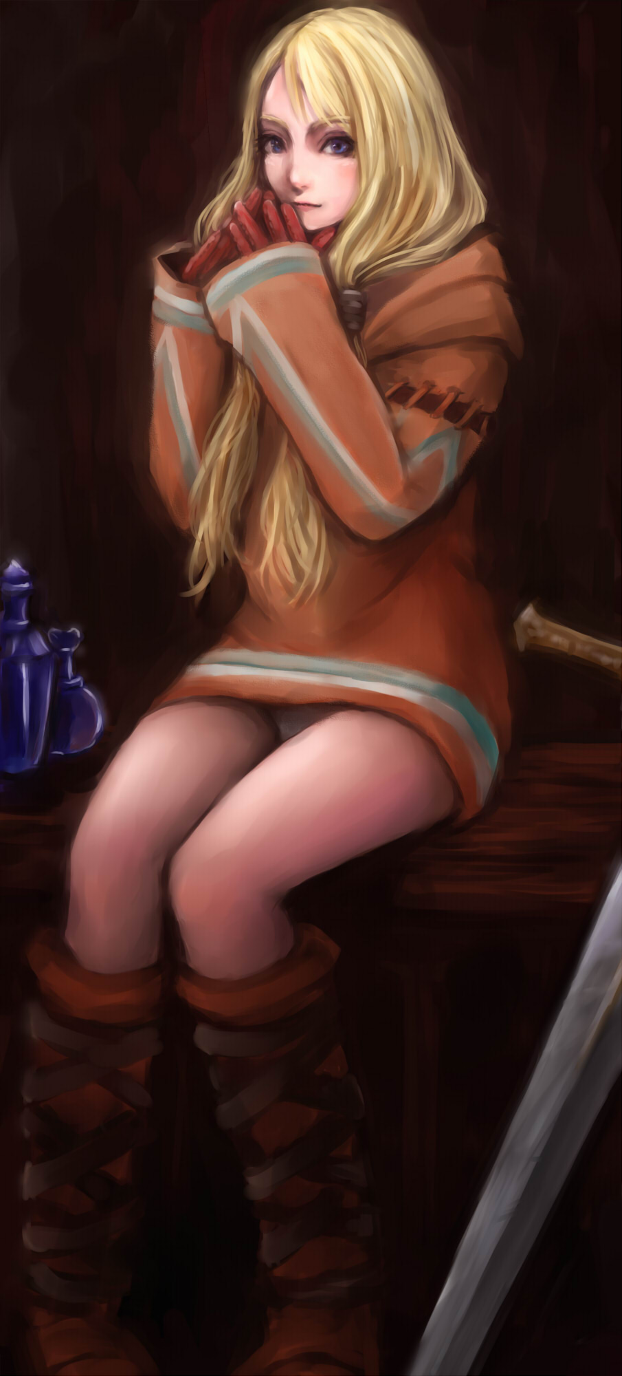 1girl blonde_hair blue_eyes boots female_focus final_fantasy final_fantasy_tactics geomancer geomancer_(fft) gloves gradient_background highres long_hair panties sitting sk_hand solo sword underwear upskirt weapon