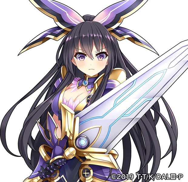 1girl armor armored_dress bow breasts cleavage closed_mouth date_a_live detached_collar dress edamame_senpai large_breasts long_hair looking_at_viewer official_art ponytail purple_eyes purple_hair shoulder_armor solo sword upper_body v-shaped_eyebrows vivid_army weapon yatogami_tohka