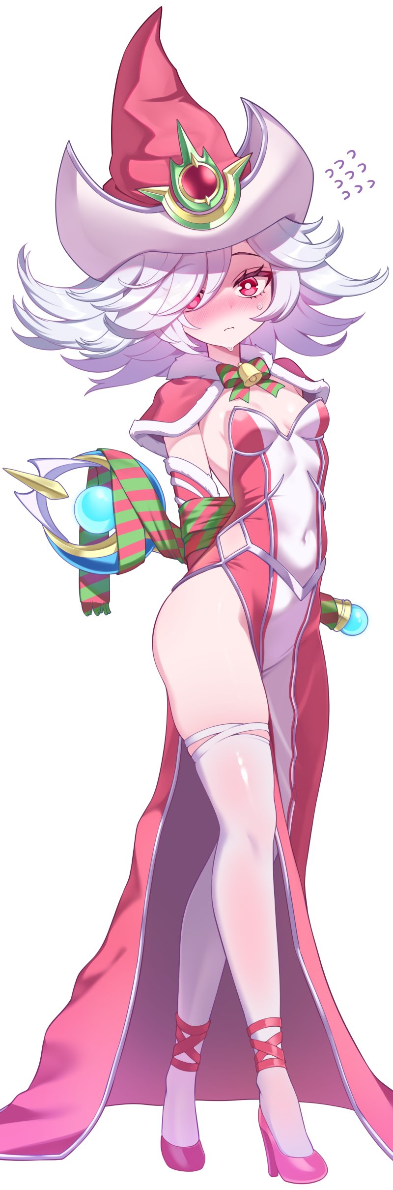 1girl absurdres arms_behind_back bell blush bow capelet christmas dress duel_monster flying_sweatdrops grey_hair hair_over_one_eye hat high_heels highres holding holding_wand hyeonin_gentora loli long_hair looking_at_viewer neck_bell purple_eyes red_capelet red_dress red_shoes shoes side_slit silent_magician silent_magician_(art_works_monsters) silent_magician_zero simple_background skindentation strapless strapless_dress sweat thighhighs two-tone_dress wand white_background white_thighhighs wizard_hat yu-gi-oh!
