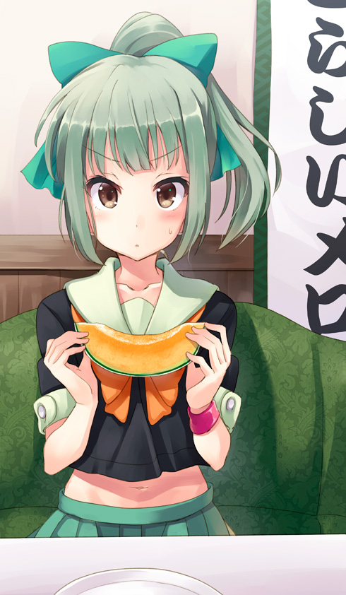 10s 1girl blush bow bowtie brown_eyes cantaloupe couch female_focus food fruit green_upholstery grey_hair hair_ribbon hyuuga_azuri kantai_collection looking_at_viewer melon midriff navel open_mouth orange_bow orange_bowtie patterned_upholstery personification plate pleated_skirt ponytail ribbon school_uniform serafuku skirt solo sweatdrop table wristband yuubari_(kancolle)
