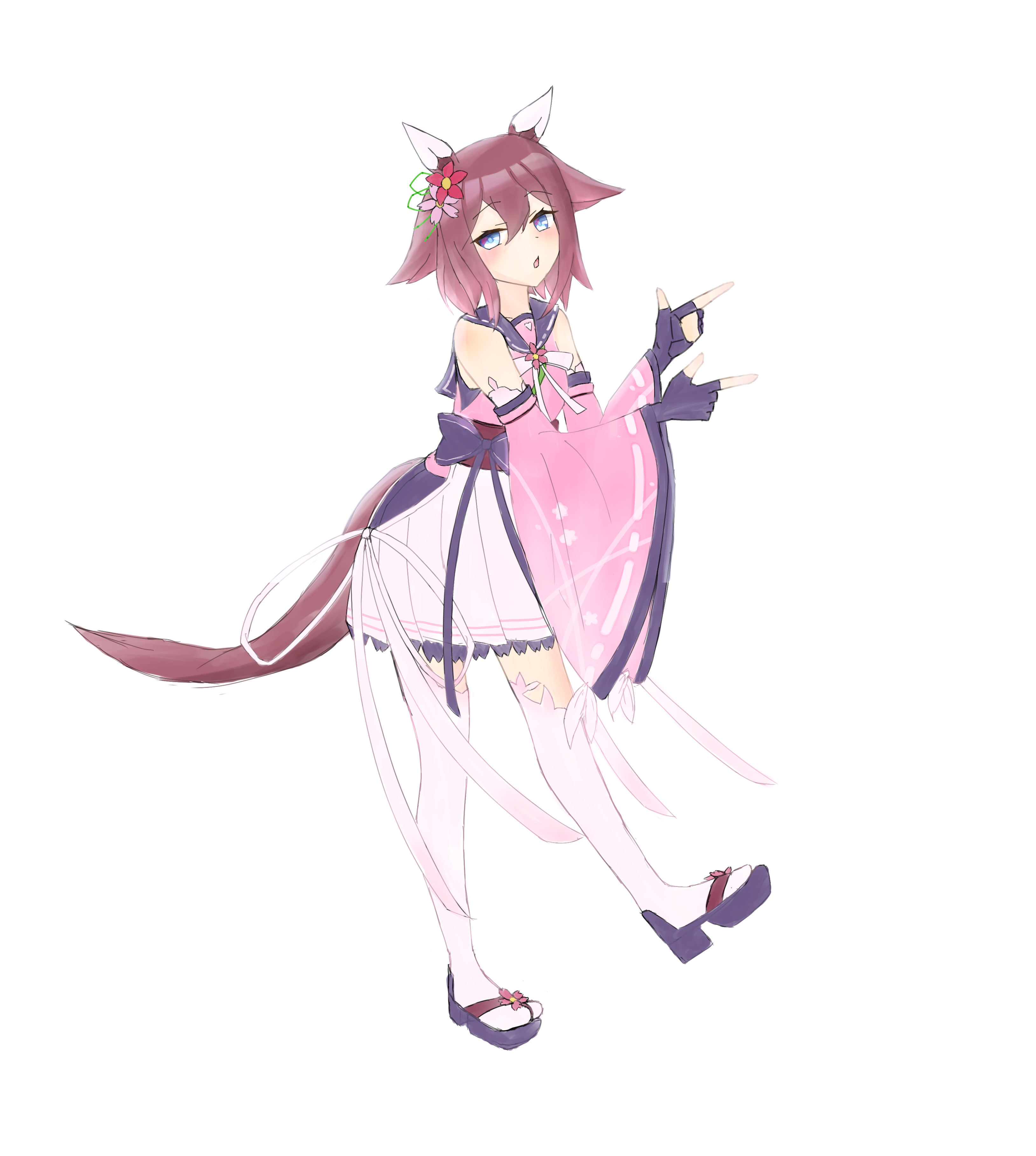 1girl absurdres animal_ears armpits bare_shoulders beautifulinsnow black_gloves blue_eyes bow breasts chikattochikachika_(kaguya-sama_wa_kokurasetai) clenched_hand collarbone commentary_request detached_sleeves ear_covers ear_ornament fingerless_gloves flipped_hair flower full_body gloves grey_background hair_between_eyes hair_flaps hair_flower hair_ornament highres horse_ears horse_girl horse_tail long_sleeves looking_at_viewer medium_breasts medium_hair okobo open_mouth platform_sandals pleated_skirt sakura_chiyono_o_(umamusume) sandals skirt smile solo standing tail teeth thighhighs umamusume upper_teeth_only white_skirt wide_sleeves
