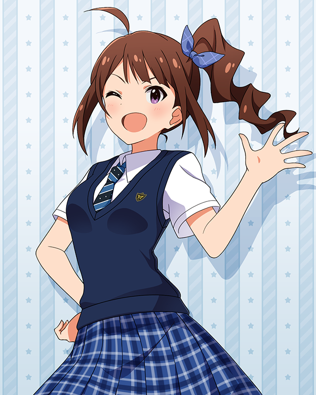 1girl ahoge aqua_background blue_necktie blue_skirt blue_sweater_vest blush breasts brown_hair card_(medium) collared_shirt cowboy_shot drill_hair hair_ornament hand_on_own_hip hand_up idolmaster idolmaster_million_live! idolmaster_million_live!_theater_days looking_at_viewer medium_breasts necktie official_art one_eye_closed open_mouth palms plaid_clothes plaid_skirt pleated_skirt purple_eyes school_uniform shirt short_sleeves side_drill side_ponytail sidelocks skirt smile solo spread_fingers standing summer_highschool_(idolmaster) summer_uniform summer_uniform_series_(idolmaster) sweater_vest white_shirt yokoyama_nao