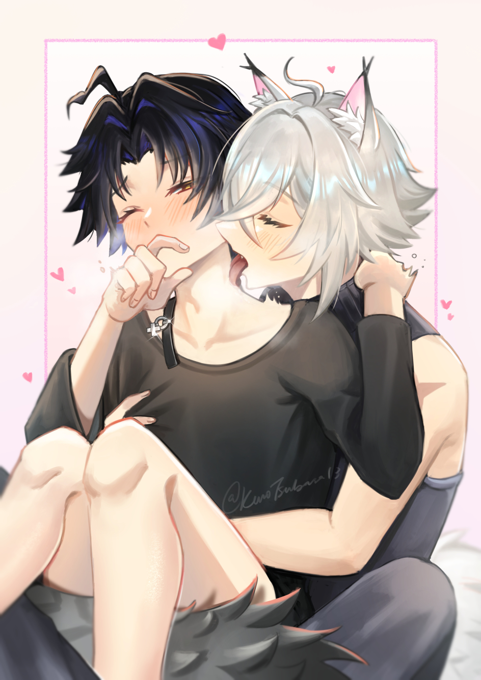 2boys animal_ears asaba_harumasa bare_legs black_hair black_shirt blush closed_eyes fox_ears highres kuro_tsubasa licking male_focus multiple_boys one_eye_closed open_mouth seth_lowell shirt short_hair simple_background tail tongue tongue_out yaoi yellow_eyes zenless_zone_zero