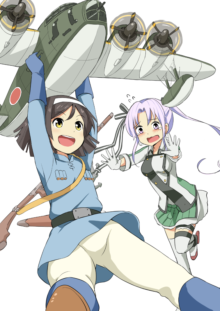 10s 2girls :d ahoge aircraft airplane akitsushima_(kancolle) akitsushima_(seaplane_tender) alternate_costume arms_up brown_eyes cosplay crane_(machine) flying_boat flying_sweatdrops green_skirt gun hairband hat kadokawa_shoten kantai_collection kaze_no_tani_no_nausicaa long_hair military military_uniform mini_hat multiple_girls nausicaa nausicaa_(cosplay) nishikitaitei-chan open_mouth pleated_skirt pun rifle seaplane shimouki_izui short_hair side_ponytail simple_background skirt smile studio_ghibli tanikaze_(kancolle) tears thighhighs weapon white_background