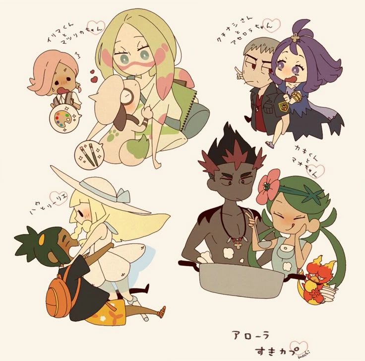 4boys 4girls acerola_(pokemon) backpack bad_id bad_pixiv_id bag blonde_hair bone carrying creatures_(company) dark-skinned_male dark_skin deformed game_freak gen_1_pokemon gen_2_pokemon green_hair grey_hair hat hau_(pokemon) heart hug ilima_(pokemon) kiawe_(pokemon) lillie_(pokemon) looking_at_another magmar mallow_(pokemon) mina_(pokemon) mochi730 multicolored_hair multiple_boys multiple_girls nanu_(pokemon) nintendo open_mouth paint_splatter paint_splatter_on_face piggyback pink_hair pokemon pokemon_(creature) pokemon_sm purple_hair red_hair smeargle smile solid_circle_eyes soup_ladle topless_male two-tone_hair white_hat