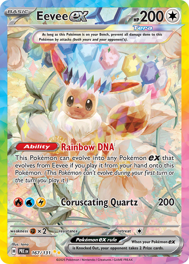 animal_focus artist_name card_(medium) character_name closed_mouth company_name copyright_name copyright_notice eevee english_text gen_1_pokemon nintendo no_humans official_art plant pokemon pokemon_(creature) pokemon_card pokemon_focus pokemon_tcg smile solo sparkle terastallization third-party_source tono_(rt0no) trading_card