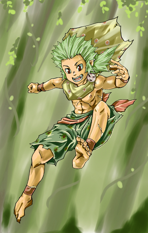 1boy abs armband barefoot belt brooch cape capelet feet final_fantasy final_fantasy_vi gau green_hair jewelry jumping jungle khunpol leg_band muscular muscular_male nature open_mouth pectorals ponytail sash scar sharp_teeth sharp_toenails spiked_hair teeth toenails tongue