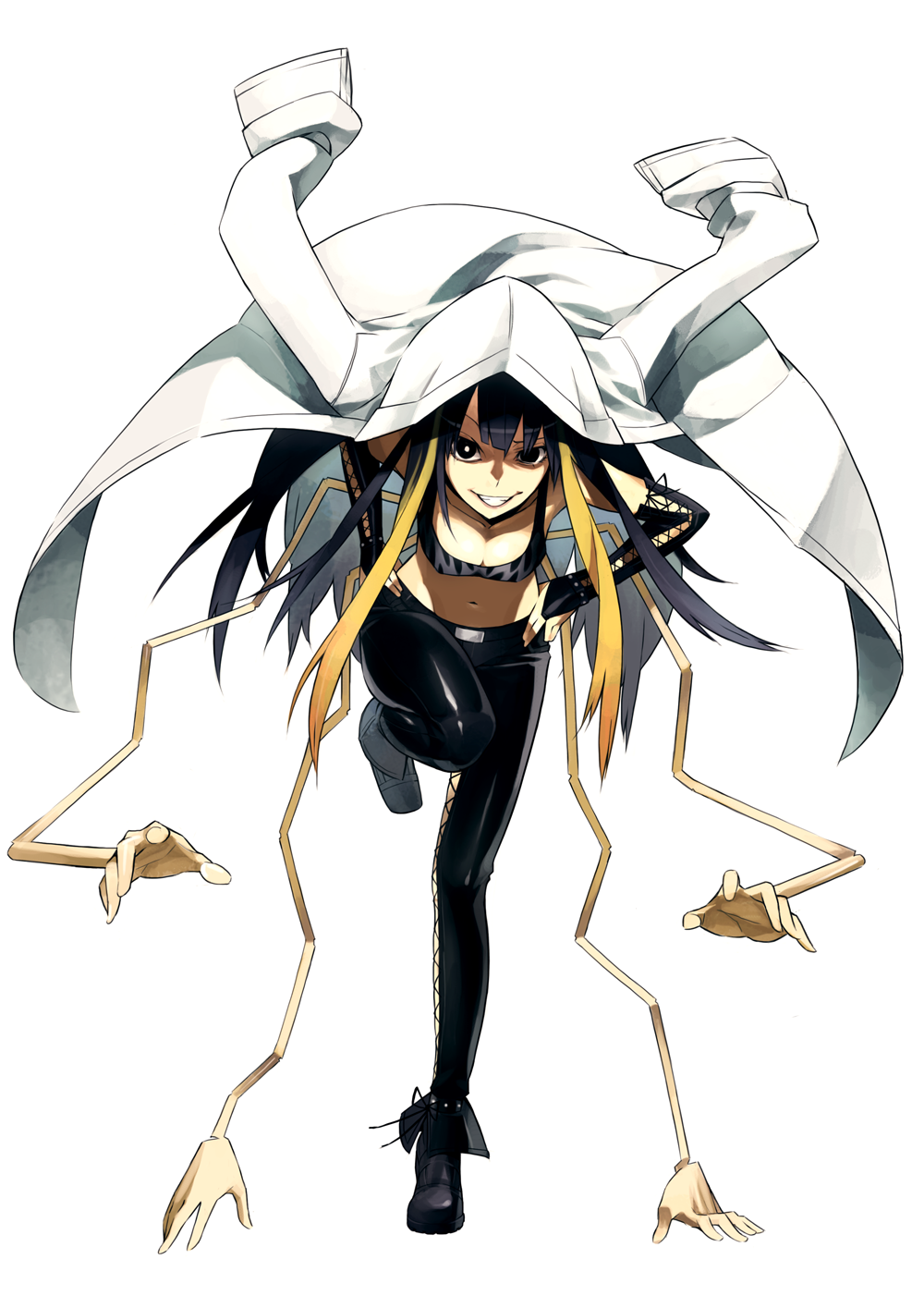 1girl alternate_breast_size black_eyes black_legwear breasts cleavage coat extra_arms female_focus fingerless_gloves gajuumaru gloves gradient_hair grin highres hood hooded_coat kuroyoru_umidori long_hair midriff multicolored_hair navel simple_background smile solo toaru_majutsu_no_index toaru_majutsu_no_index:_new_testament trench_coat