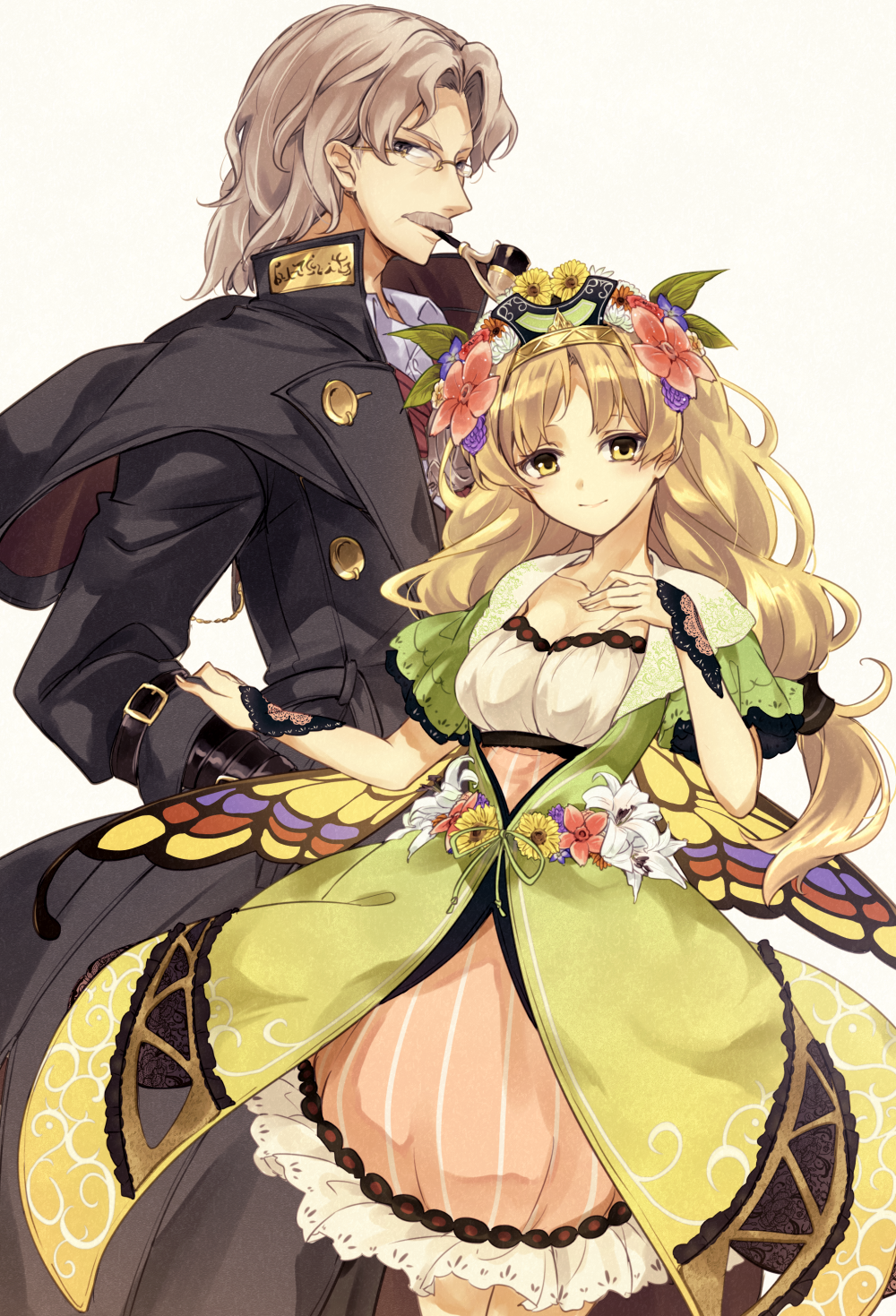 1boy 1girl atelier_(series) atelier_shallie ayesha_altugle belt black_coat blonde_hair breasts brown_eyes butterfly_wings coat commentary_request dress facial_hair flower frilled_dress frills glasses green_dress green_hat grey_hair hair_flower hair_ornament hand_up hat highres insect_wings karasumi_(aiseec) keithgriff_hazeldine long_hair long_sleeves looking_at_viewer mustache old old_man profile red_flower shirt short_hair small_breasts smile smoking_pipe white_shirt wings