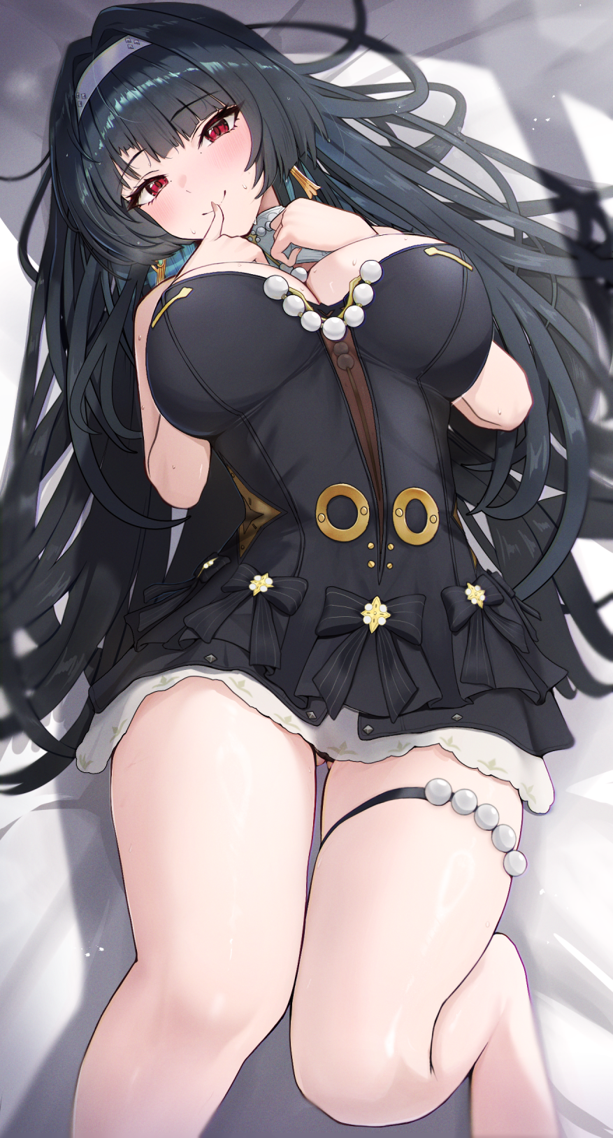 1girl astra_yao astra_yao_(chandelier) bare_legs bare_shoulders barefoot black_dress black_hair blush breasts closed_mouth commentary_request dress earrings gem gluteal_fold hair_spread_out hairband highres jewelry large_breasts legs long_hair looking_at_viewer lying necklace night_known official_alternate_costume on_back on_bed paid_reward_available partial_commentary pearl_(gemstone) pearl_necklace red_eyes smile solo strapless strapless_dress thigh_beads thigh_gap thighs thumb_to_mouth very_long_hair white_hairband zenless_zone_zero